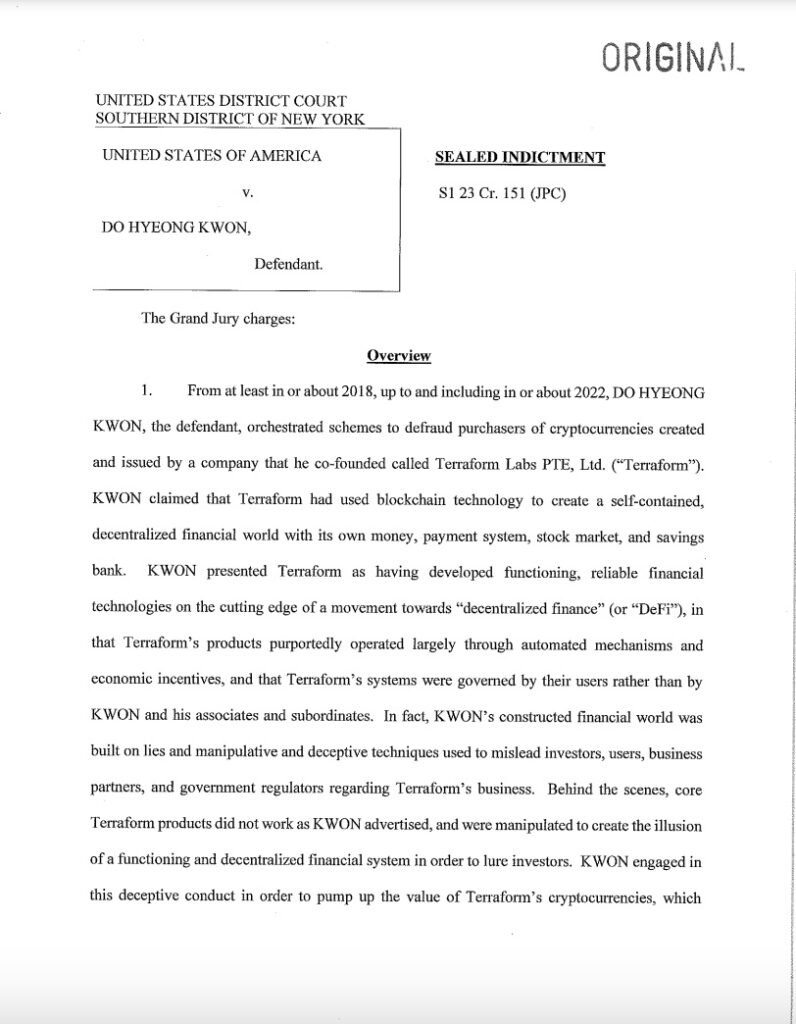 United States District Court for the Southern District of New York indictment against Do Kwon. Source: Court Listener

