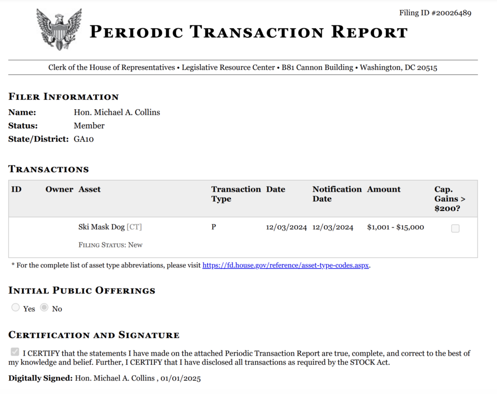 Rep. Mike Collins’ financial disclosure of Ski Mask Dog token. Source: US House of Representatives

