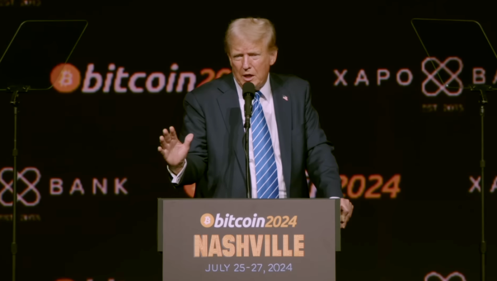 Trump addressed the Bitcoin 2024 conference in Nashville, Tennessee in July, promising to make the US a global “crypto capital.” Source: YouTube

