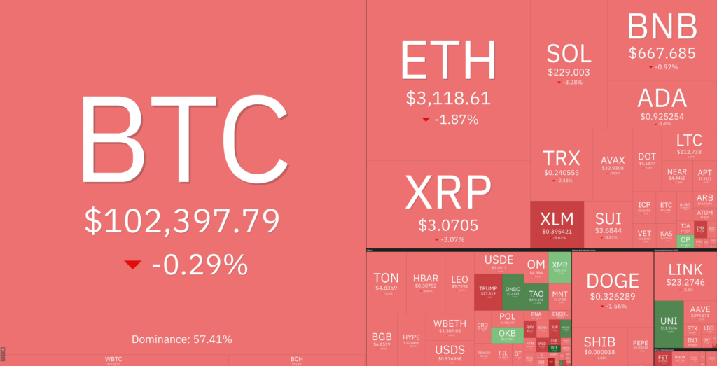 24-hour performance of large-cap cryptocurrencies. Source: Coin360

