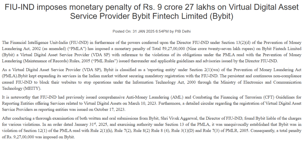 FIU imposes a penalty for Bybit. Source: Pib.gov

