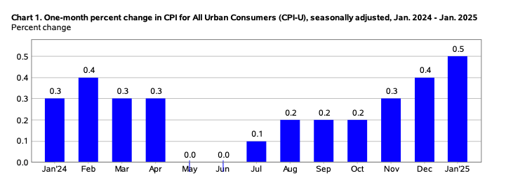 Monthly CPI adjustments from January 2024 to January 2025. Source: US Bureau of Labor Statistics

