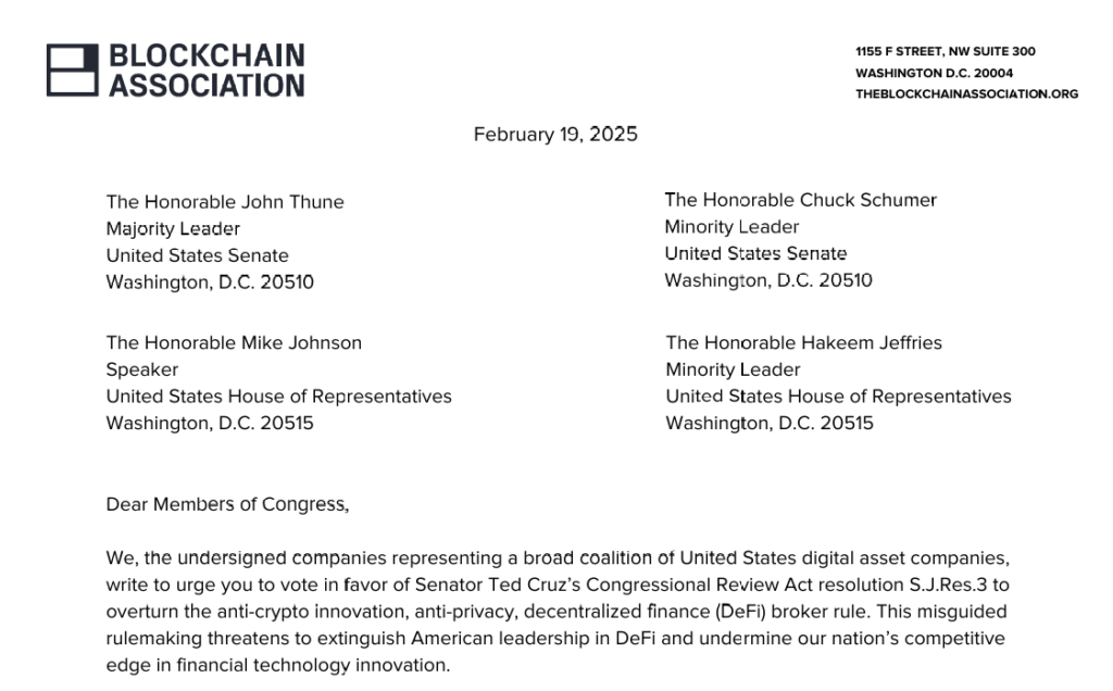 A snippet of Blockchain Association’s letter for the members of Congress. Source: Blockchain Association.

