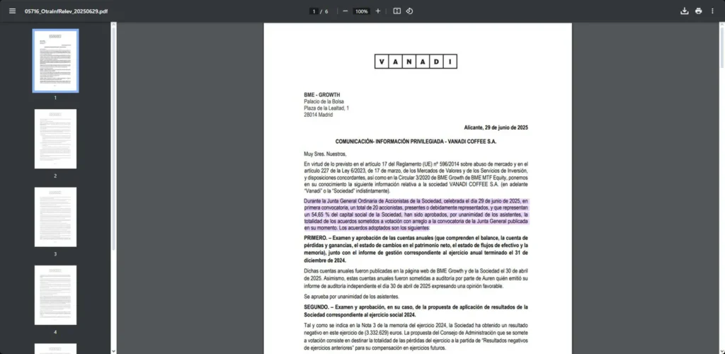 Vanadi Coffee official company document – Source: bmegrowth.es