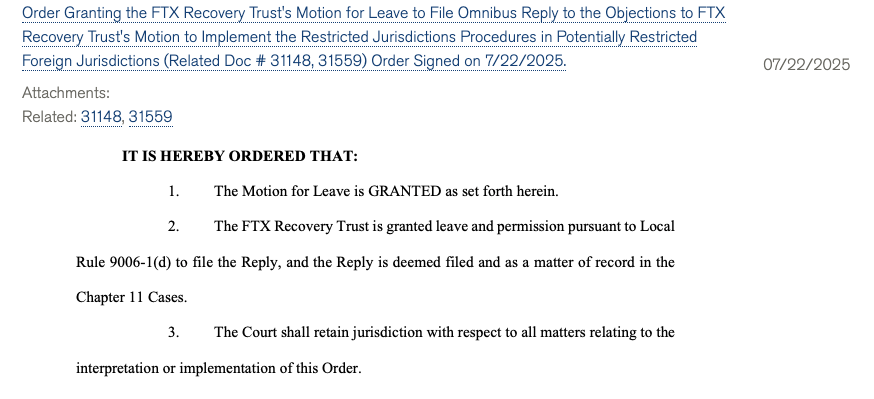 FTX bankruptcy docket info and an excerpt from the court’s approval of the Motion for Leave. Source: Kroll
