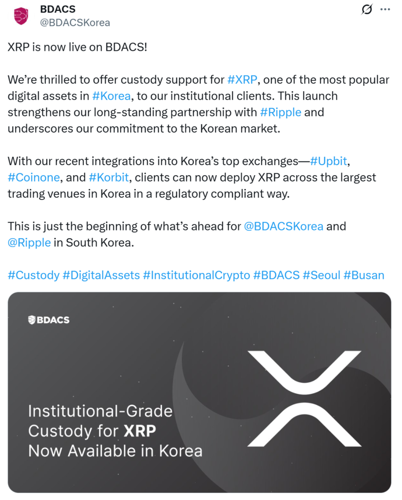 XRP goes live on BDACS. Source: BDACS
