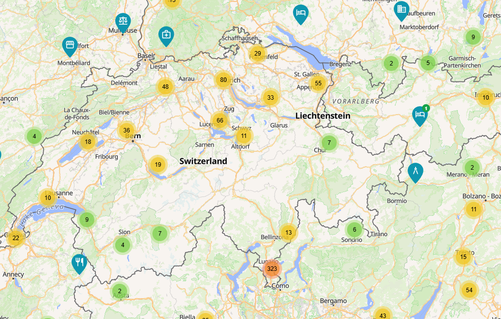 Businesses accepting Bitcoin payment in Switzerland, Europe. Source: BTCmap
