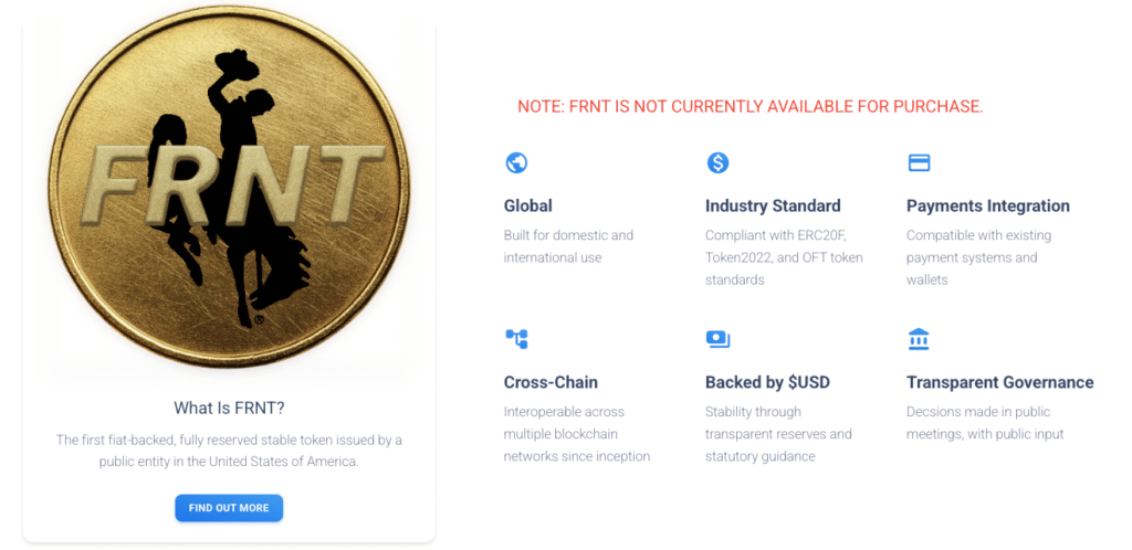 The Wyoming Stable Token Commission highlighted that FRNT is not available for purchase at launch. Source: Stabletoken.wyo.gov
