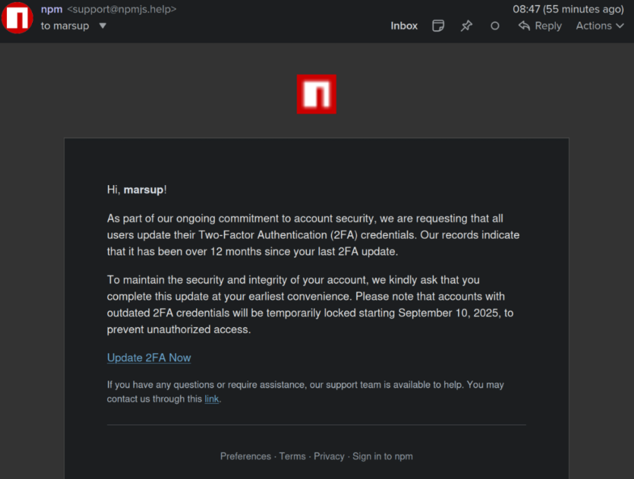 This phishing email lured a developer into logging in at a fake NPM website. | Source: https://krebsonsecurity.com/
