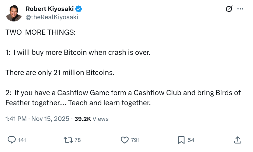 Robert Kiyosaki says he will buy more Bitcoin after the crash. Source: Robert Kiyosaki
