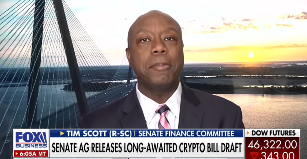Banking Committee Chairman Tim Scott says a vote on the market structure bill could occur in December. Source: YouTube
