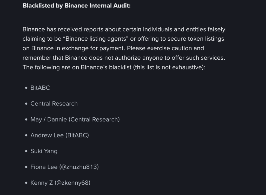 The list of persons and entities identified by Binance as falsely claiming to be listing agents. Source: Binance
