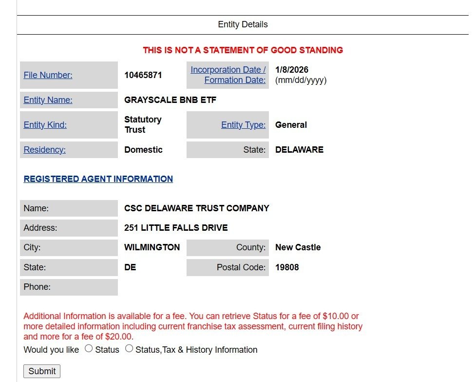 Grayscale BNB ETF registration. Source: Delaware.gov
