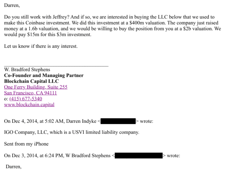 Epstein emails with his accountant Richard Khan, and Blockchain Capital co-founder, Bradford Stephens. Source: Justice.gov
