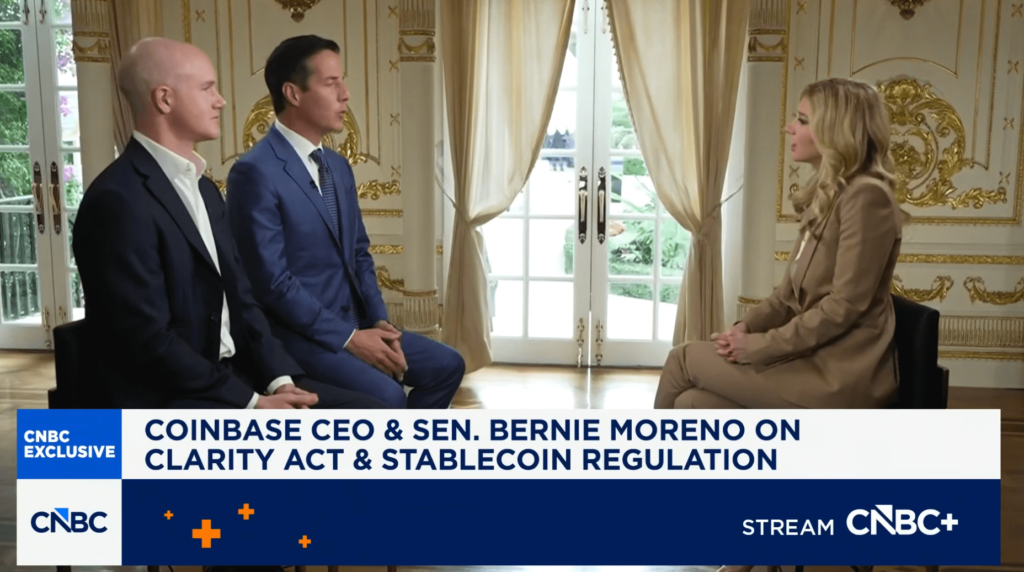 Brian Armstrong and Bernie Moreno joined CNBC on Wednesday. Source: CNBC