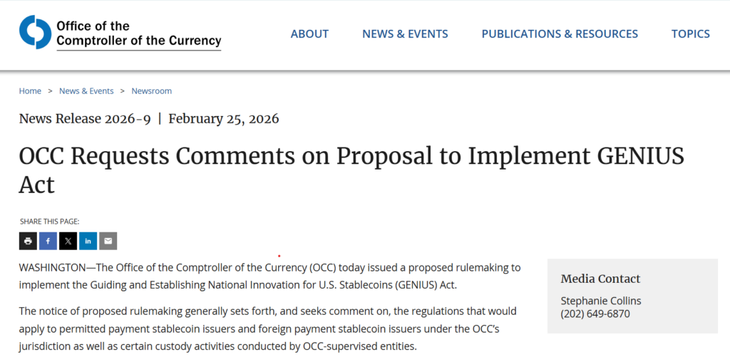 OCC Requests Comments on Proposal to Implement GENIUS Act. Source: OCC
