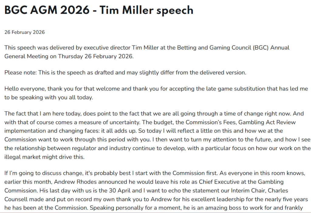 Tim Miller’s speech at the Betting and Gaming Council’s annual general meeting in London. Source: Gambling Commission UK
